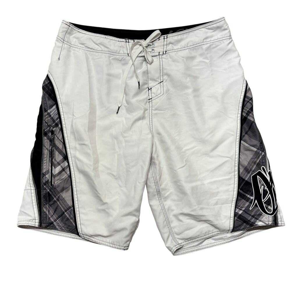 Y2K O'Neill Board Shorts 36 Mens White Gray Plaid Swim Trunks Summer Beach Surf